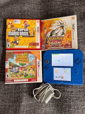Nintendo 2DS Handheld Console Black and Blue with 3 Games Bundle Pokemon Mario